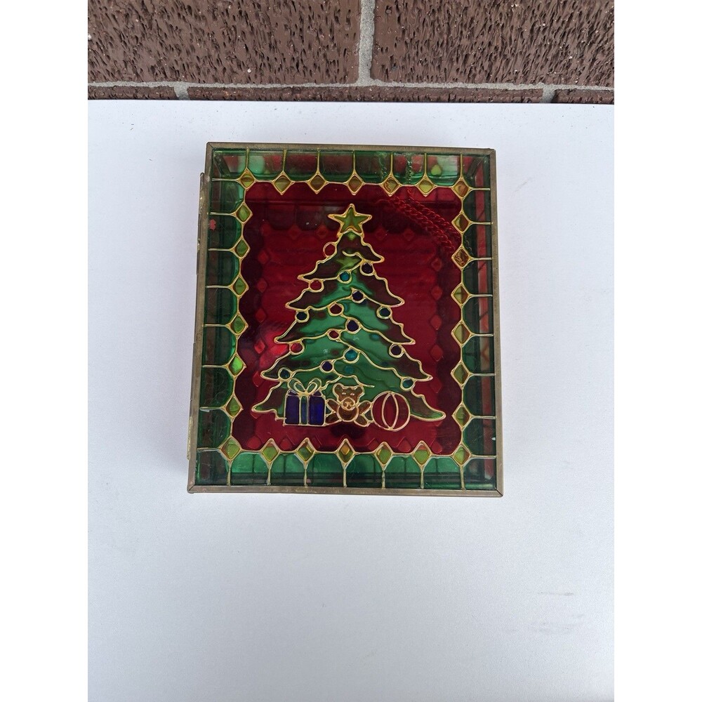 Vintage Hinged Stained Glass‎ And Brass Candy Box With Christmas Tree